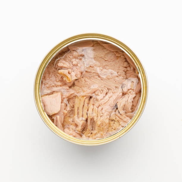 istock Canned tuna in oil, open tin on a white background. 1410284042