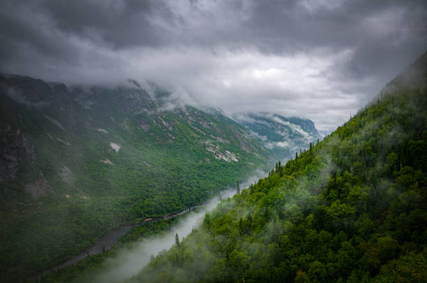Fog covering the mountains surrounding the valley Massive fog covering the mountains surrounding the valley on a rainy summer day, Hautes-Gorges national park, Quebec, Canada acropole stock pictures, royalty-free photos & images