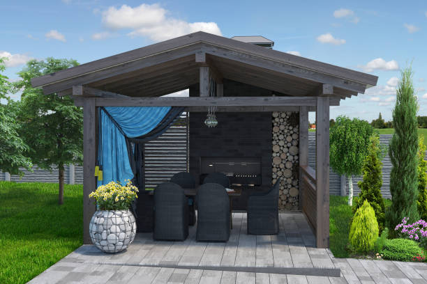 zábavné zkrášlení dvorku, 3d render - pavilon - stock snímky, obrázky a fotky
