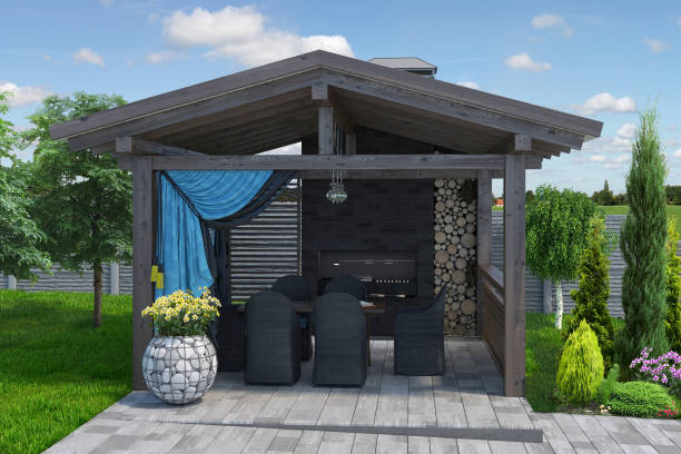 Entertaining backyard beautification, 3D render Garden structures and outbuildings three-dimensional visualization alcove stock pictures, royalty-free photos & images