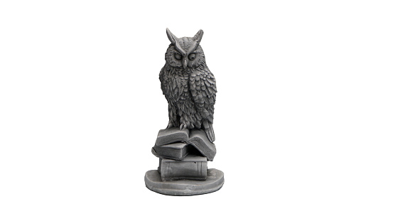 gypsum garden decoration trinket big black owl statue white background