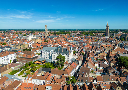 Aerial view over Bruges with Belfry Tower and Church of Our Lady Spires