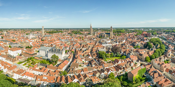 Panorama over Bruges with Belfry Tower and Church of Our Lady Spires