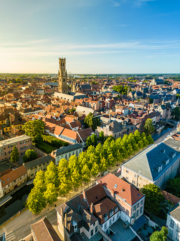 Aerial view of De Dijver canal side park in Bruges, Belgium
