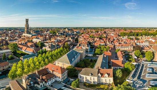 Aerial view of De Dijver canal side park in Bruges, Belgium