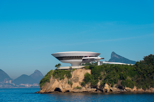 Niteroi, Brazil - June 23, 2022: Oscar Niemeyer's Niteroi Contemporary Art Museum, one of the masterpiece of modern architecture, built in 1996.
