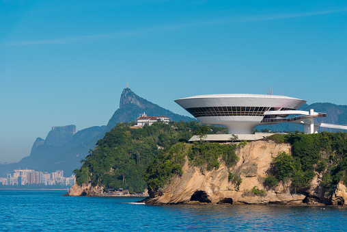 Niteroi, Brazil - June 23, 2022: Oscar Niemeyer's Niteroi Contemporary Art Museum, one of the masterpiece of modern architecture, built in 1996.