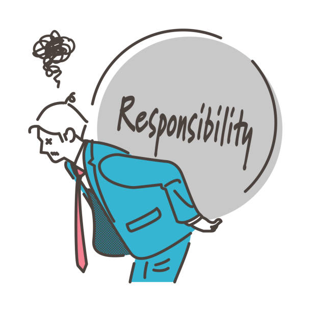 Concept of self-responsibility. Male businessperson carrying a heavy burden [Vector illustration]. A male businessperson is carrying a heavy burden. He looks exhausted. patience stock illustrations