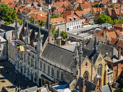 Aerial view over Bruges City Hall