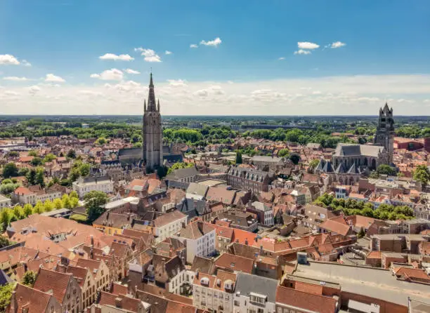 Aerial view of Church of Our Lady in Bruges, Belgium