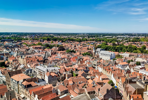 Aerial view over residential districts of Bruges, Belgium