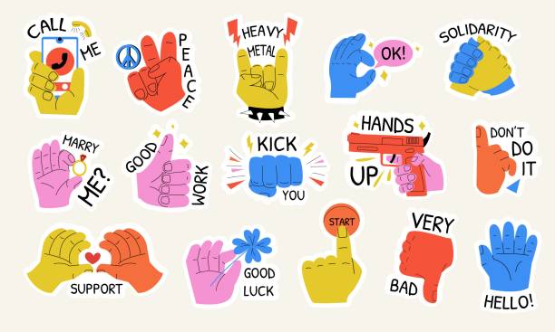 Set of trendy hand styckers with text. A set of trendy stylized hand stickers with different phrases for your project. Vector set of stickers on a white background hand ok sign stock illustrations