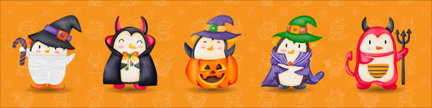 illustrations, cliparts, dessins animés et icônes de ensemble penguin halloween. dracula, momie, sorcière, monstre, costume de citrouille. thème du costume d’halloween - cartoonist