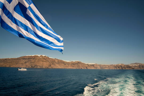 istock Greek flag and Aegean Sea 1410290541