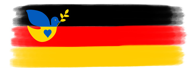 Peace for Ukraine - German flag illustration - Abstract black red yellow brushstroke paint in the colors of the flag of Germany, isolated on white background, with ukrainian peace glove