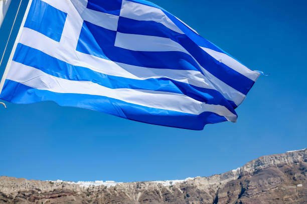 istock Greek flag and Aegean Sea 1410290648