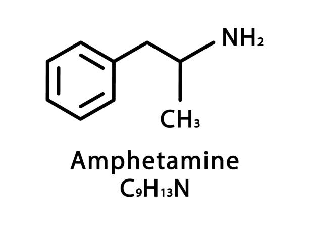 illustrazioni stock, clip art, cartoni animati e icone di tendenza di struttura molecolare delle anfetamine. formula chimica scheletrica dell'anfetamina. illustrazione vettoriale di formula molecolare chimica - phenethylamine