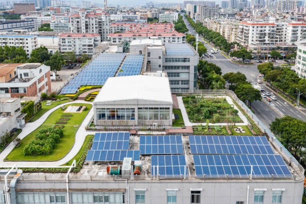 istock Solar panels next to the roof garden 1410292642