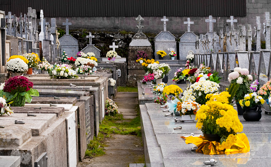 View of a graveyard, rows of stone  crosses and multicolored flower bouquets on the tombstones.  Monterroso, Lugo province, Galicia, Spain.