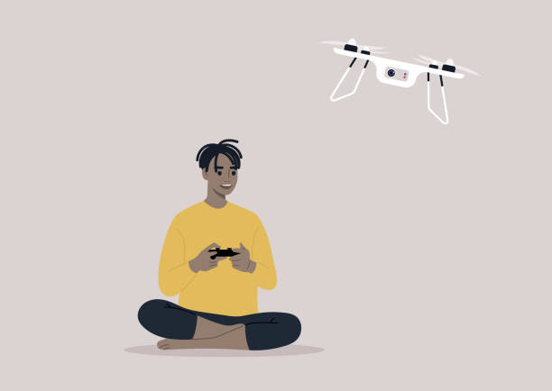 ilustrações, clipart, desenhos animados e ícones de um jovem personagem africano voando um drone com um controle remoto, novas tecnologias - drone subindo
