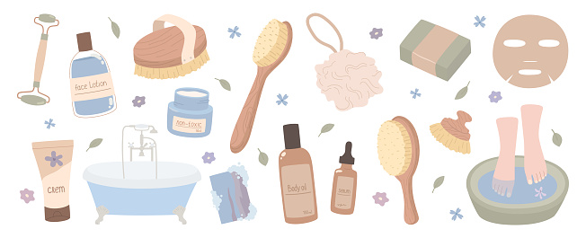 Set of items on the topic of body care, hygiene, skin care and spa treatments. Lotion, bath, brushes, soap and other objects. Hand-drawn vector illustration in cute style.