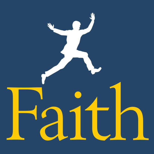 Leap of Faith vector illustration Silhouette of man leaping across the word Faith leap of faith stock illustrations