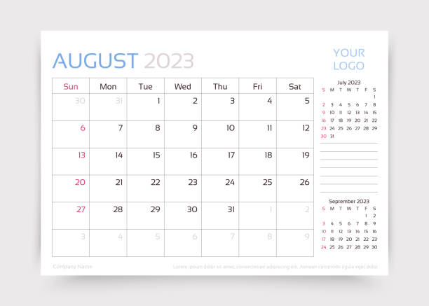 kalender für august 2023 jahr. desk monatsplaner-vorlage. vektorillustration. - august calendar stock-grafiken, -clipart, -cartoons und -symbole
