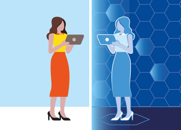 digitaler zwilling in der cyberspace-vektorillustration, frauen-avatar mit tablet verbunden mit digitalem alter ego im metaversum, digitale reputation im internet - digitaler zwilling stock-grafiken, -clipart, -cartoons und -symbole
