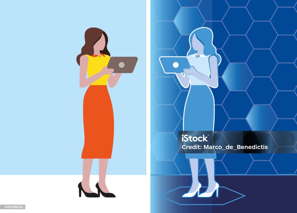 Digital Twin dalam ilustrasi vektor dunia maya, Avatar wanita dengan tablet yang terhubung dengan alter ego digital di metaverse, reputasi digital di internet - Bebas Royalti Kembaran Digital vektor stok Digital Twin dalam ilustrasi vektor dunia maya, Avatar wanita dengan tablet yang terhubung dengan alter ego digital di metaverse, reputasi digital di internet - Bebas Royalti Kembaran Digital vektor stok