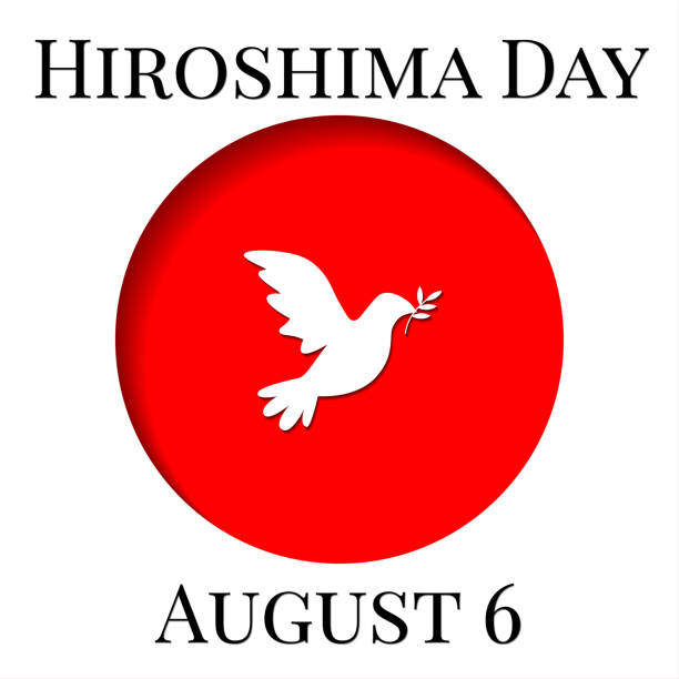 ilustraciones, imágenes clip art, dibujos animados e iconos de stock de ilustración vectorial al estilo de una postal recortada con una fecha memorable del 6 de agosto. día de hiroshima. al estilo de la bandera japonesa con la paloma de la paz - war globe symbols of peace weapon