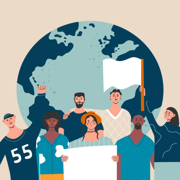 Eco-activist protest for climate change, global strike demand urgent action. men women marching on demonstration for protection of enviroment. Group of people holding poster. Flat vector illustration Eco-activist protest for climate change, global strike demand urgent action. men women marching on demonstration for protection of enviroment. Group of people holding poster. Flat vector illustration. climate protest stock illustrations
