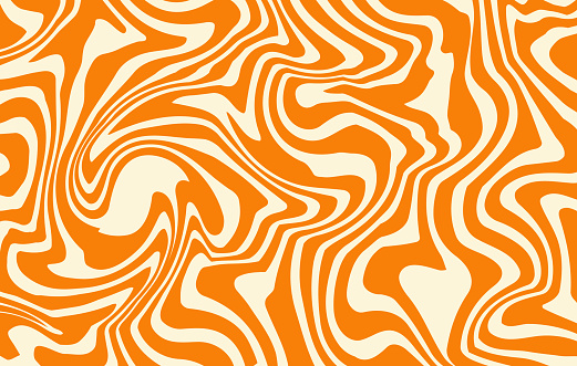 Abstract monochrome horizontal background with colorful distorted waves. Trendy vector illustration in style retro 60s, 70s. Orange and beige colors