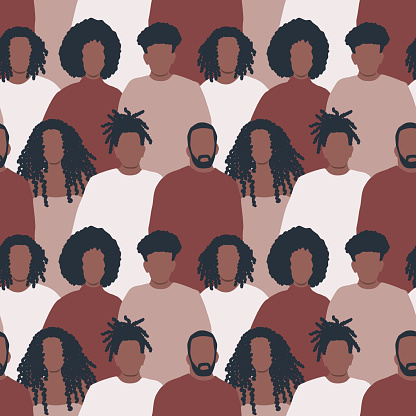 Seamless background with black men and black women. There are silhouettes of different people. Diverse group of people. Pattern with people icons. Crowd. Vector illustration.