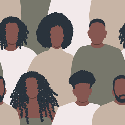 Seamless background with black people. There are silhouettes of different men and women. Pattern with people icons. Crowd. Vector illustration.