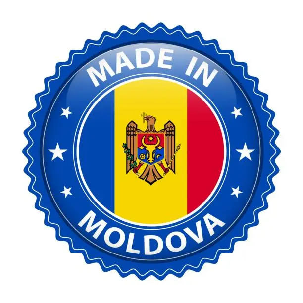 Vector illustration of Made in Moldova badge vector. Sticker with stars and national flag. Sign isolated on white background.