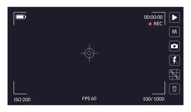 Vector illustration of Camera viewfinder. Focusing screen recording. Black screen camera with video shooting parameters, photo quiality indicators. Digital zoom recording for modern vector bloggers