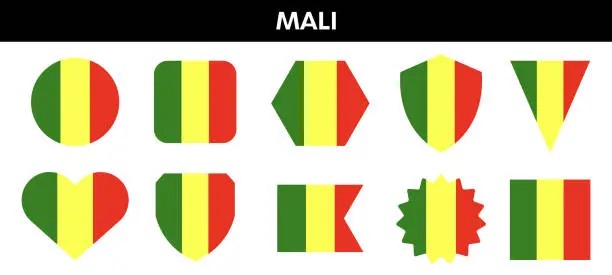 Vector illustration of Mali flag in different shapes. Mali colors emblem set.