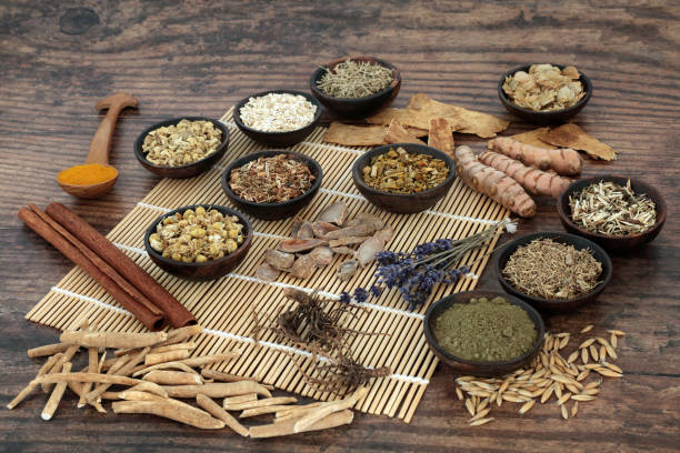 ingredientes de nervine food para calmar el sistema nervioso - medicina herbaria fotografías e imágenes de stock