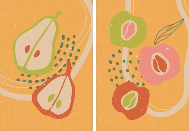 set von postern mit abstrakten früchten. - nectarine peaches peach abstract stock-grafiken, -clipart, -cartoons und -symbole