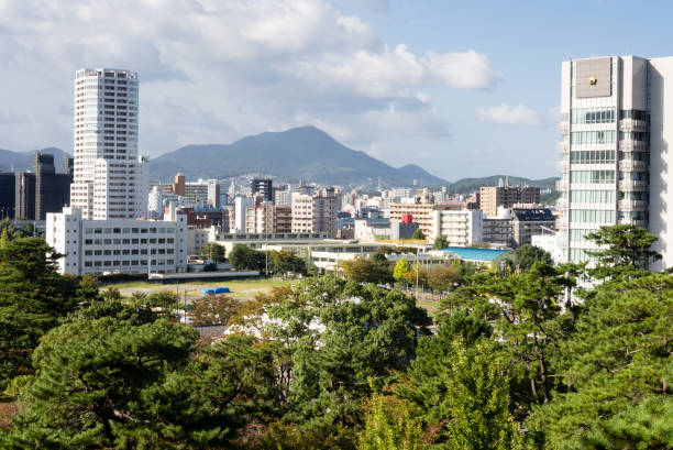 View of Kitakyushu city from the top floor of Kokura castle - Fukuoka prefecture, Japan stock photo