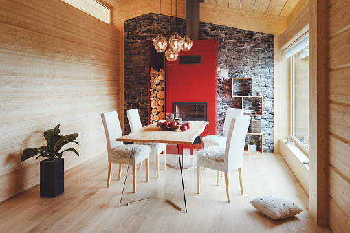 Modern European alpine chalet interior - dining room. This is 3D generated image. Framed image is my own render.
