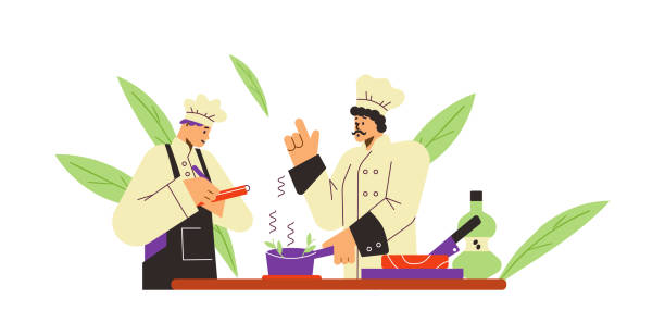 ilustrações de stock, clip art, desenhos animados e ícones de mustachioed chef teaches young to cook flat style, vector illustration - chef trainee cooking teenager