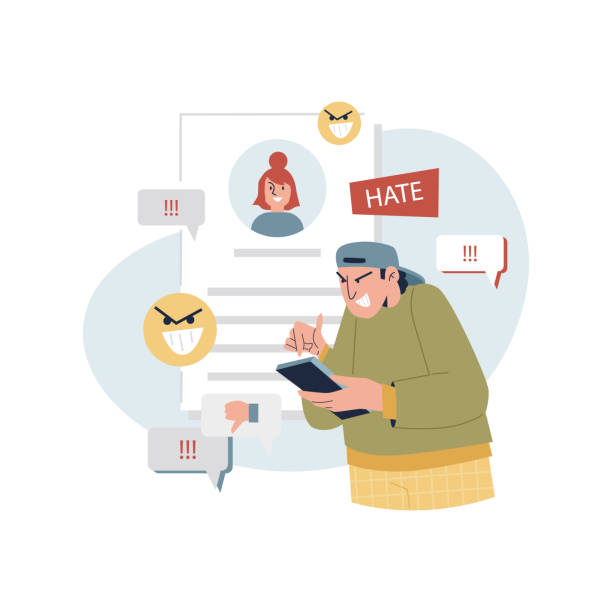 Angry boy leaving negative comments in social media, hate and dislikes flat style Angry boy leaving negative comments in social media, hate and dislikes flat style, vector illustration isolated on white background. Social media behavior concept humiliate stock illustrations