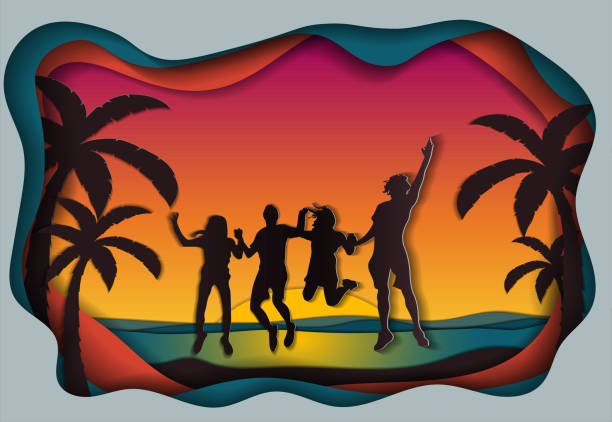 ilustrações, clipart, desenhos animados e ícones de um cartão postal cortado de papel com jovens pulando contra o fundo do pôr do sol. ilustração vetorial - fun tourist resort beach group of people