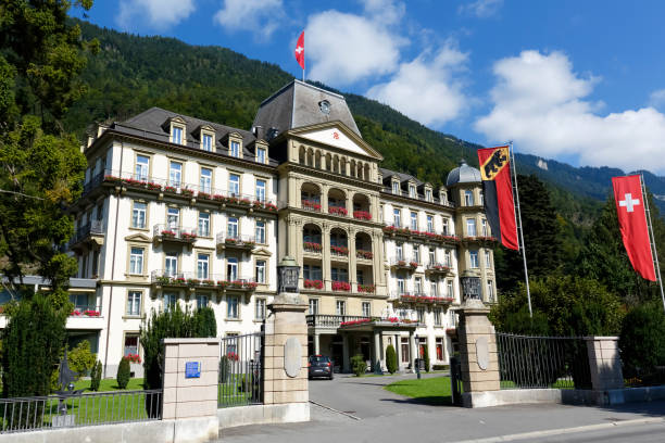 Interlaken, Switzerland - September 07, 2015: Five star Lindner Grand Hotel Beau Rivage renovated in the past few years offers 101 elegantly appointed, comfortable rooms, located nearby city center
