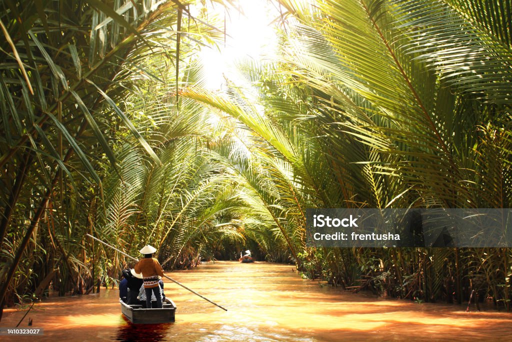 People boating in the delta of Mekong river, Vietnam People boating in the delta of Mekong river, Vietnam, Asia. A tourist attraction - boat ride through Mekong delta canals Mekong River Stock Photo