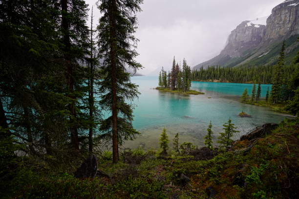istock Spirit Island and Maligne Lake, elevated position, overcast sky 1410325111