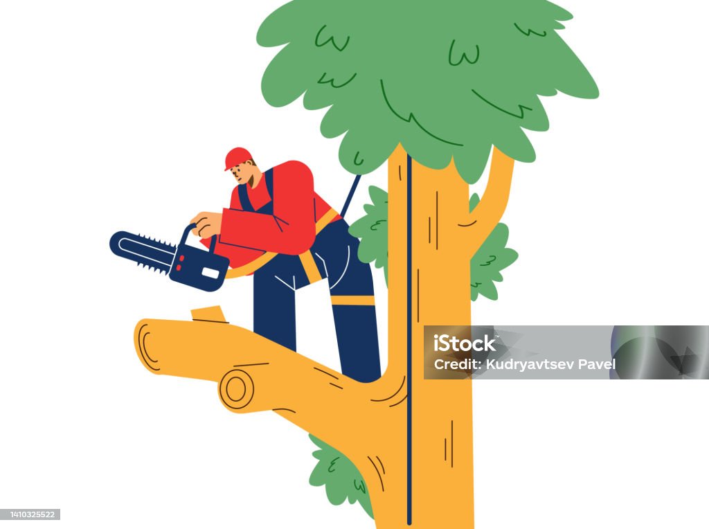Tree Trimmer Vector Smiling Man In Special Costume Doing Tree Trimming Flat Style Vector ...