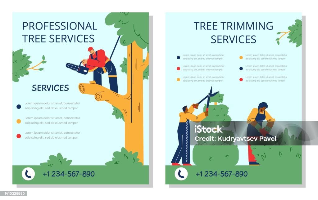 Fall Tree Work Ad Professional Tree Trimming Services Advertising Leaflet Flat Vector ...