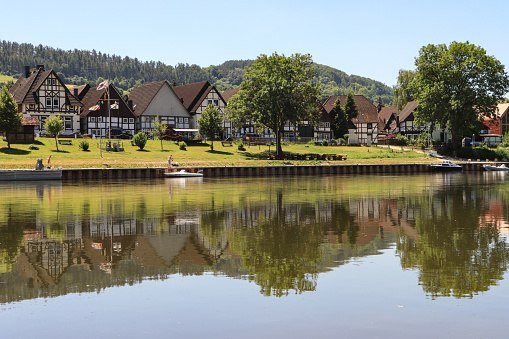 Zell, Germany - September 12, 2022: Panoramic image of Zell with Moselle river on September 12, 2022 in Germany